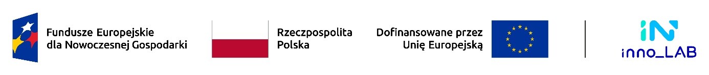 Ciąg Logotypów: Fundusze Europejskie dla Nowoczesnej Gospodarki, Rzeczpospolita Polska, Dofinansowane przez Unię Europejską, innoLAB