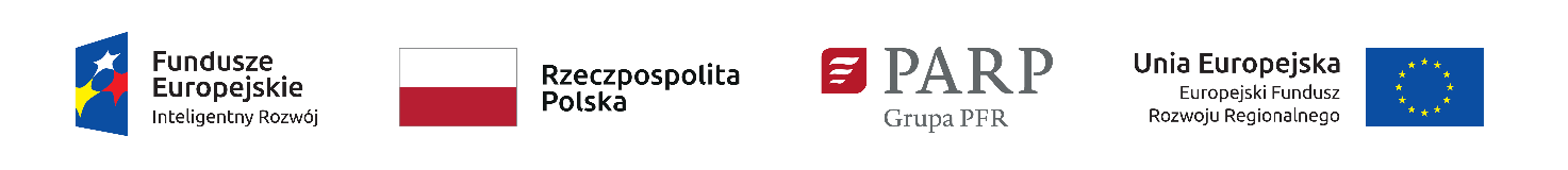 Ciąg logotypów zawierający logo Funduszy Europejskich, flagę Rzeczypospolitej Polskiej, logo PARP, flagę UE z podpisem Unia Europejska, Europejski Fundusz Rozwoju Regionalnego