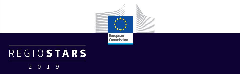 Logo Komisji Europejskiej z gwiazdkami na niebieskim tle. Nazwa konkursu REGIOSTARS 2019.