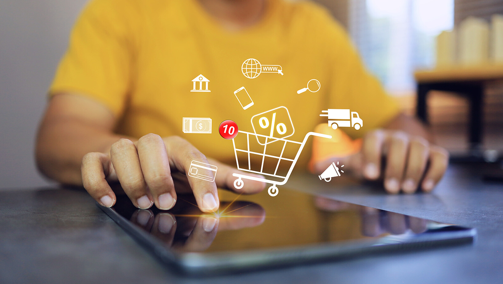 Grafika ilustrująca możliwości zakupów przez internet.