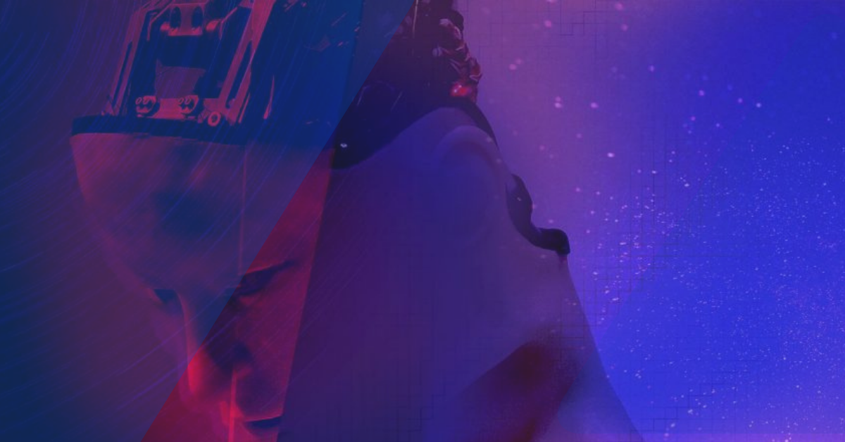 Abstrakcyjna grafika w fioletowo-granatowej kolorystyce.