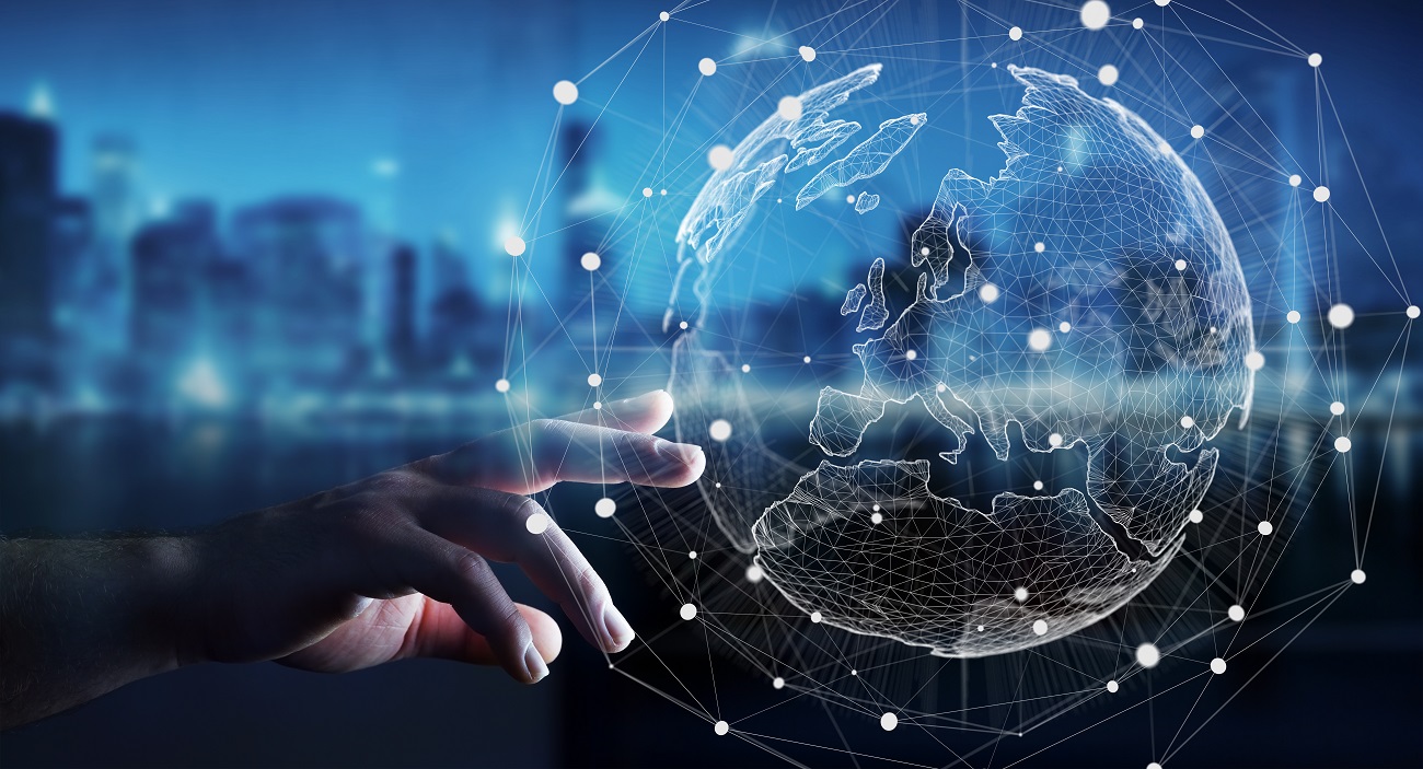 Abstrakcyjna grafika przedstawiająca rękę dotykającą kuli ziemskiej