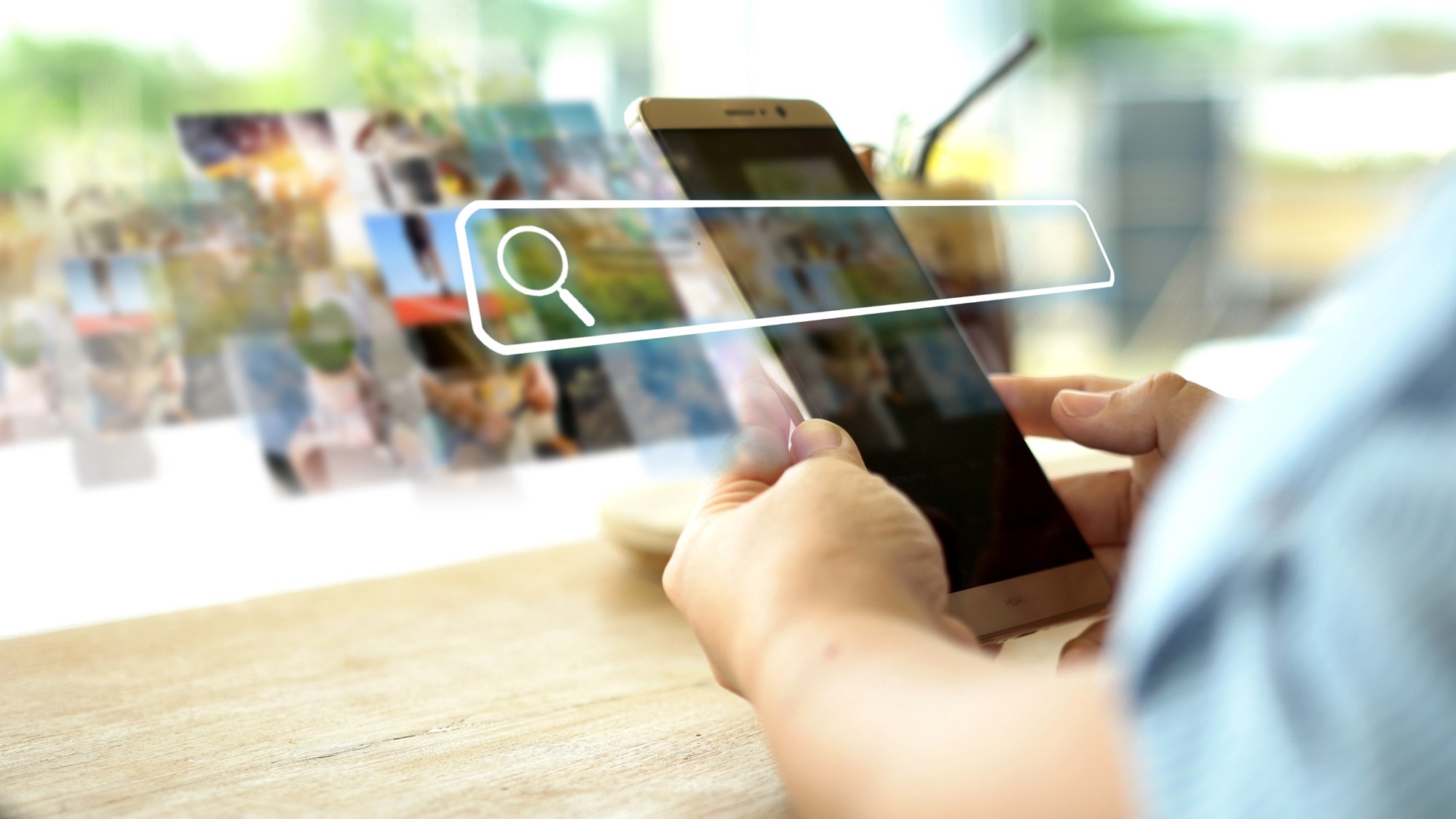 Abstrakcyjna grafika, która przedstawia widok na osobę trzymającą smartfona w ręku na tle pejzażu,...