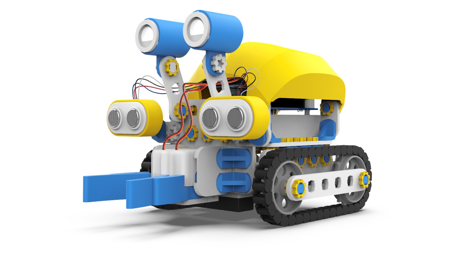 Widok na robota Skribot. Jego podstawę stanowią dwie gąsienice. Z przodu urządzenie ma niebieskie chwytaki oraz dwie symetryczne lampki. Na froncie robota, poniżej lamp, znajduje się r&oacute;wnież para podw&oacute;jnych czujnik&oacute;w. Korpus robota jest przykryty obudową w kolorze ż&oacute;łtym. Na zdjęciu widać też kable odchodzące od czujnik&oacute;w, kt&oacute;re wchodzą pod obudowę.