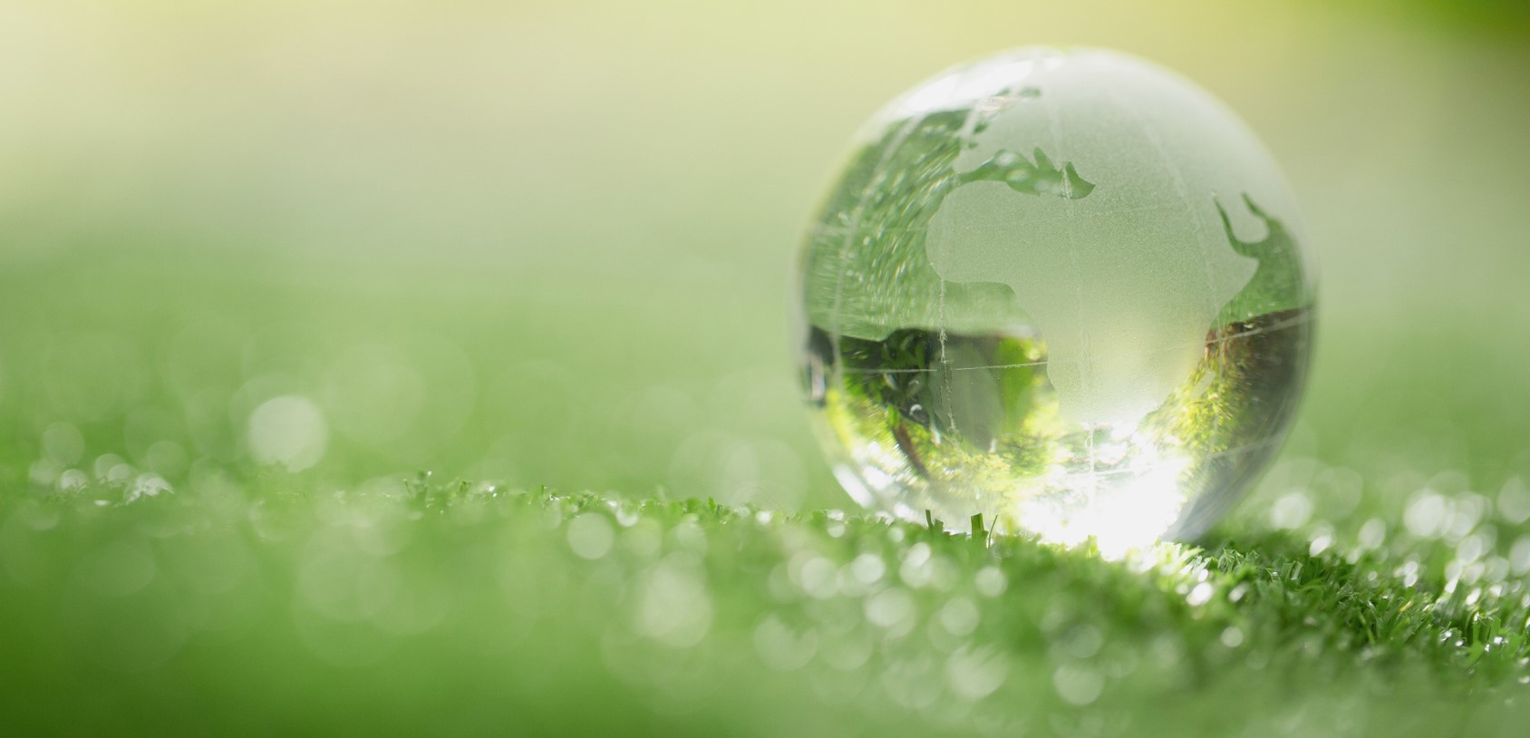 Zielone rozmyte tło, na pierwszym planie widać kroplę wody jako Ziemię