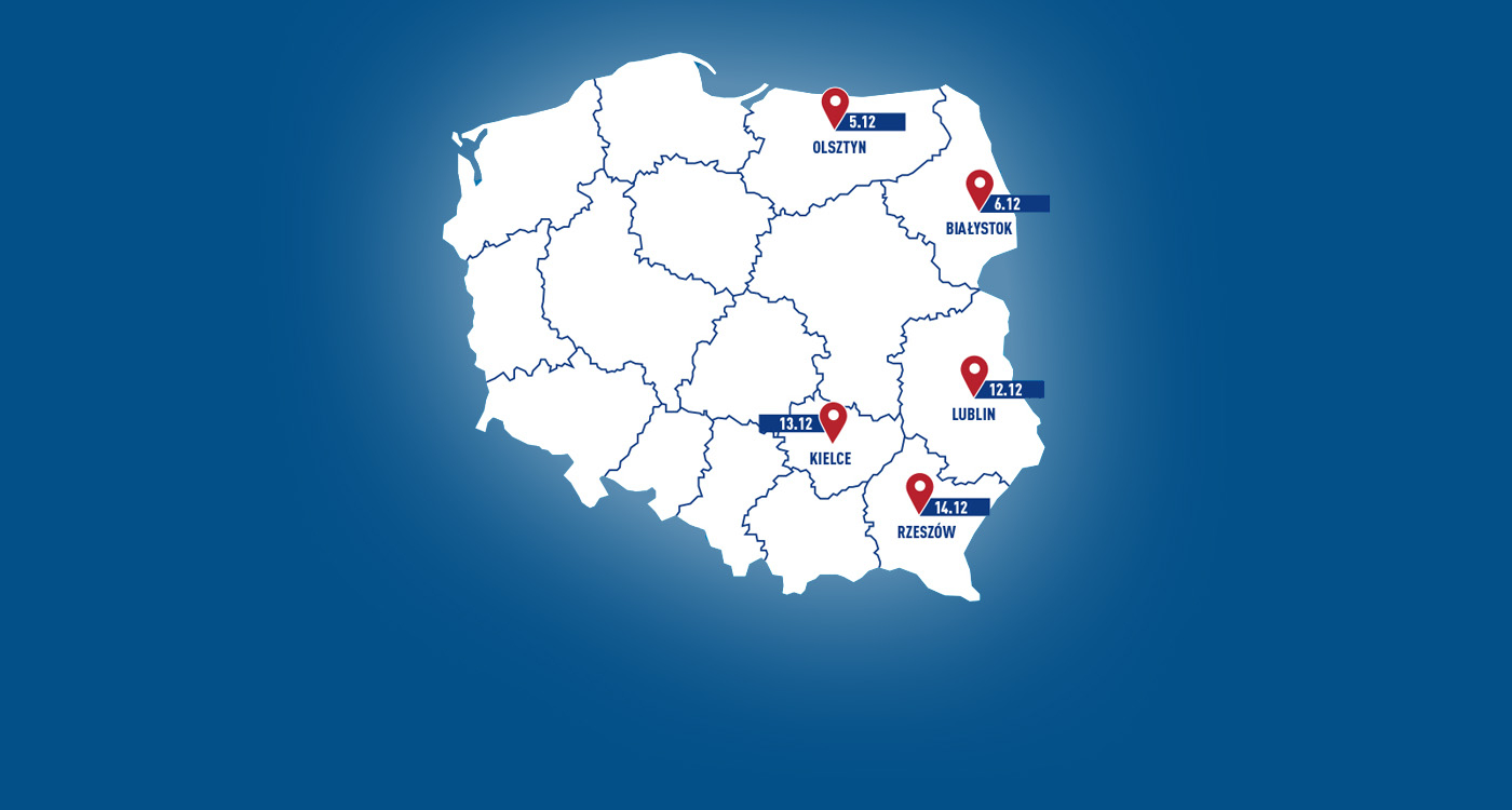 Mapa Polski z konturami wojewu00f3dztw i zaznaczonymi:Olsztynem Biau0142ymstokiem Lublinem...