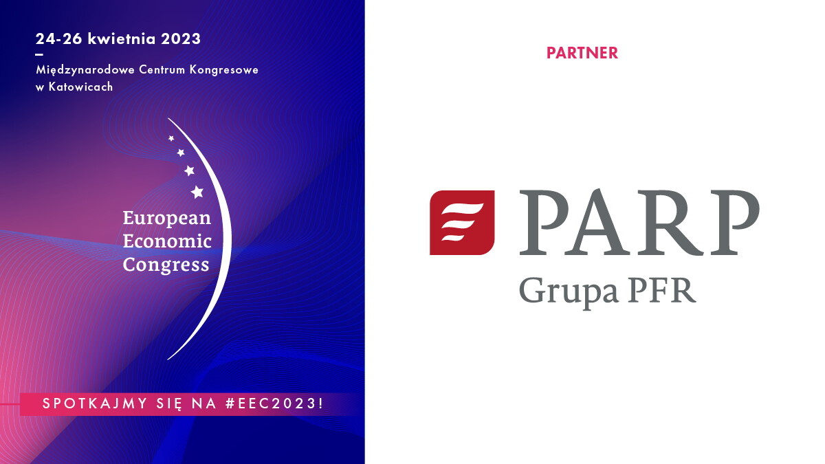Po lewej stronie grafiki na granatowo-fioletowym tle napisy: 24-26 kwietnia 2023 Międzynarodowe Centrum Kongresowe w Katowicach European Economic Congress. Po prawej stronie logo PARP