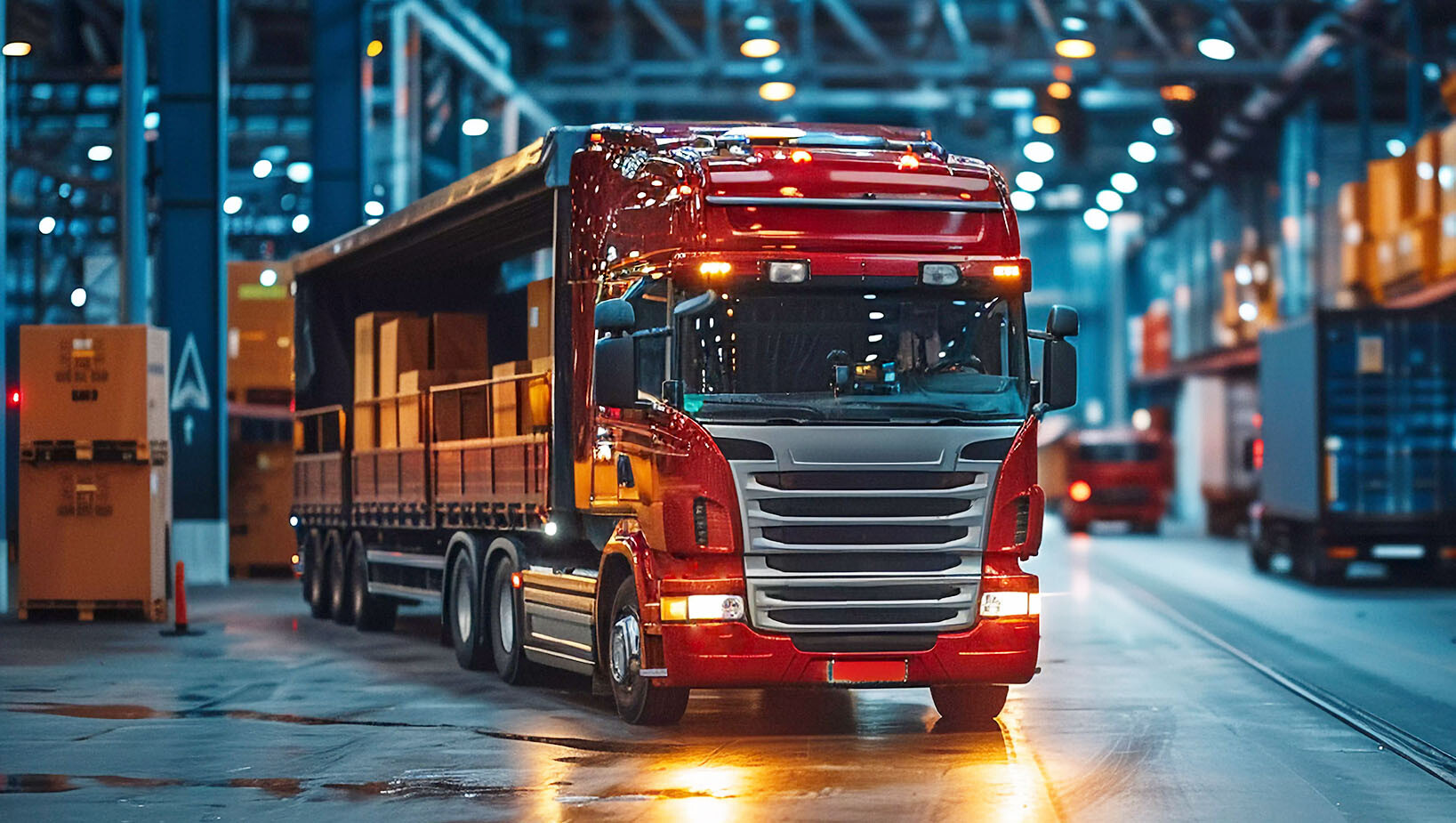 Czerwony tir w magazynie.